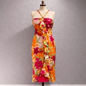 Ralph Lauren Orange Floral Ruffle Halter Midi Dress